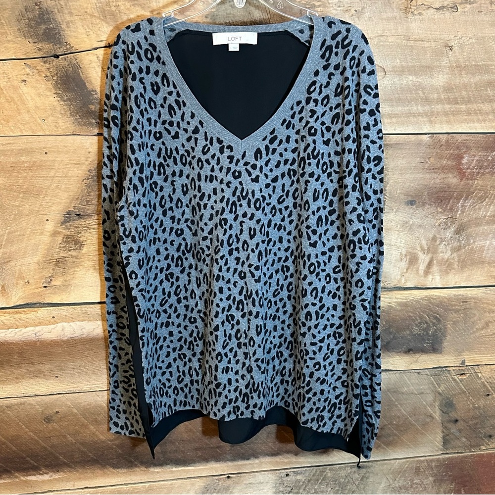 LOFT Black and Gray Cheetah Print V-Neck Sweater Mixed Media